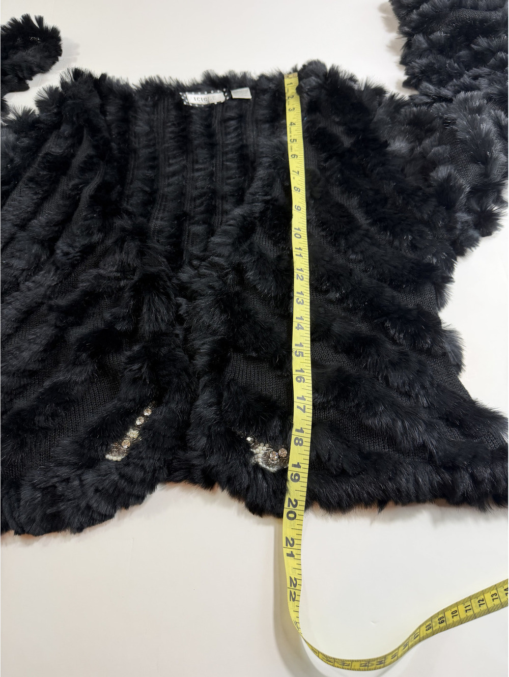 Black Icicle Cropped Rabbit Fur Jacket with jewel accent trim - Picture 5 of 7